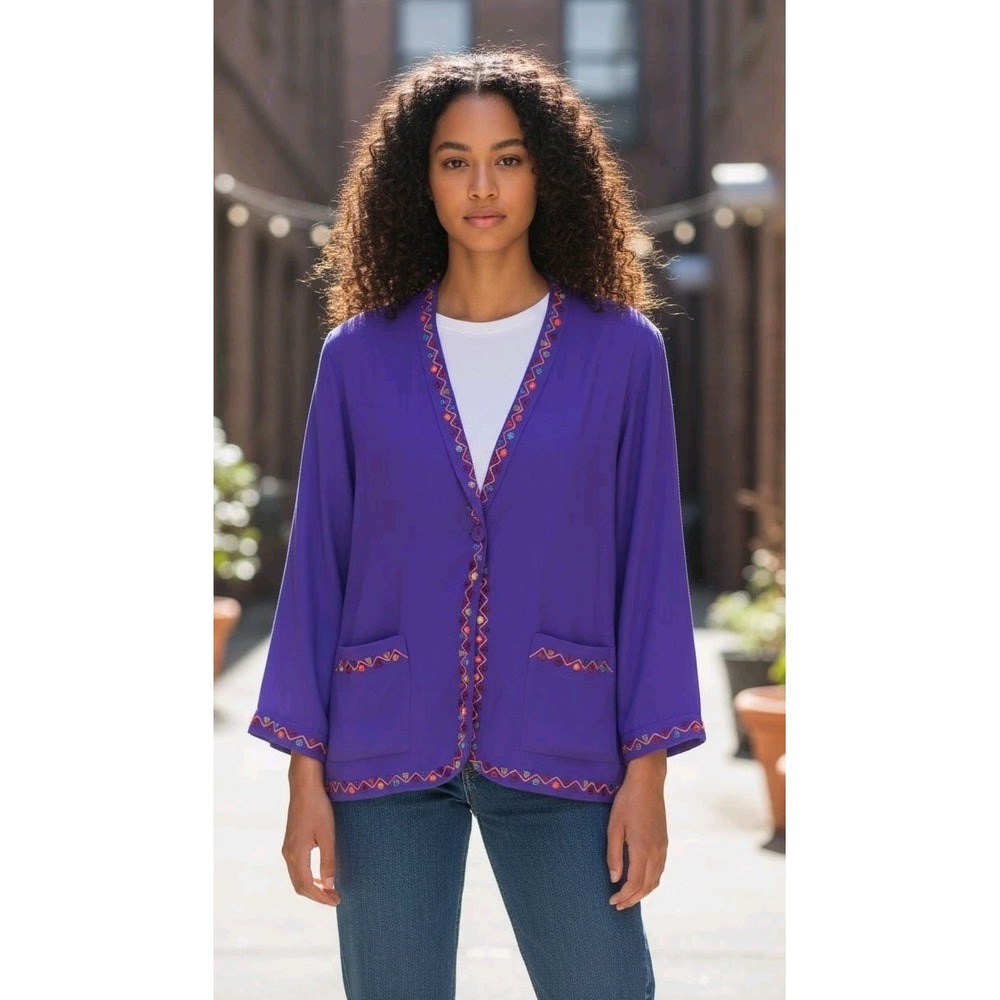 VTG Adam Douglas Blazer Jacket 100% Silk SZ Large Purple Beaded Embellishments